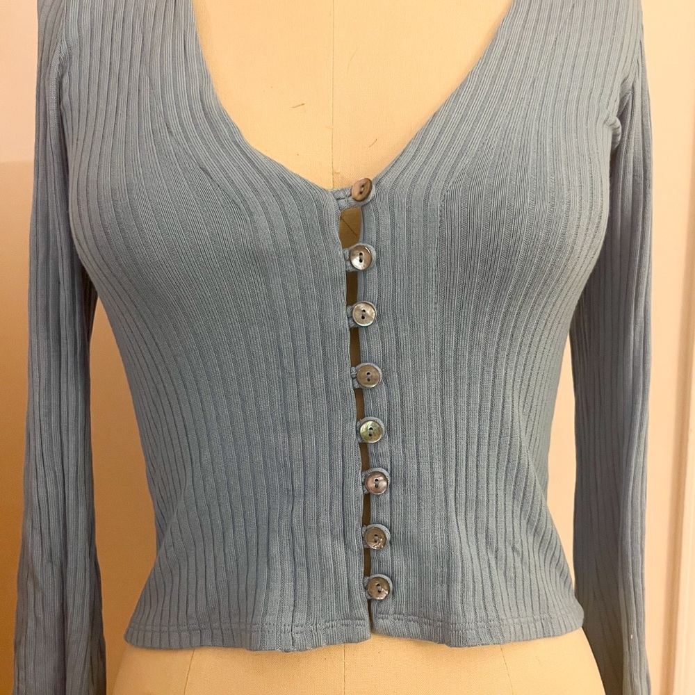 Reformation Blue Ribbed Long Sleeve Cardigan